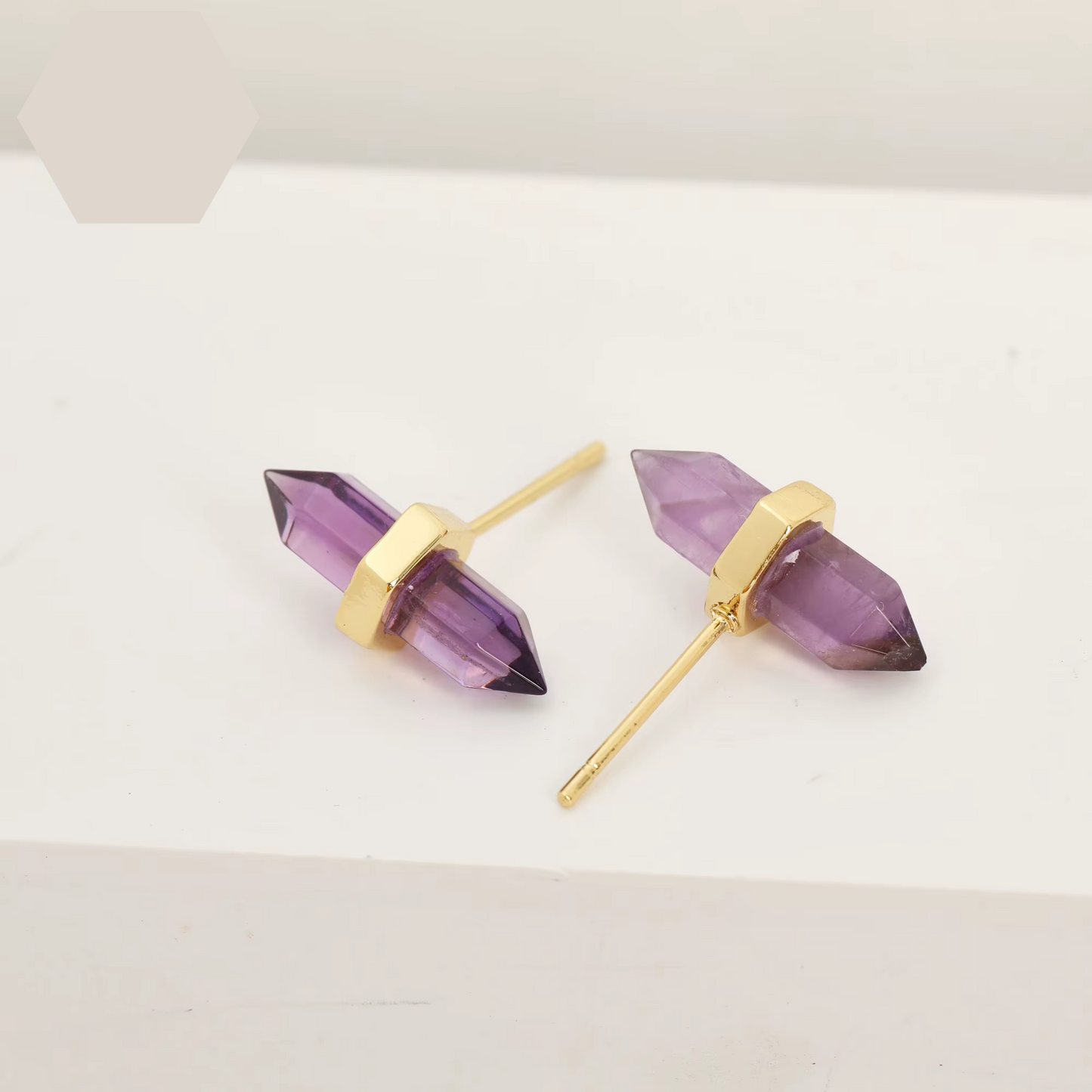 Natural Amethyst Double Pointed Wand Gold Plated Stud Earrings