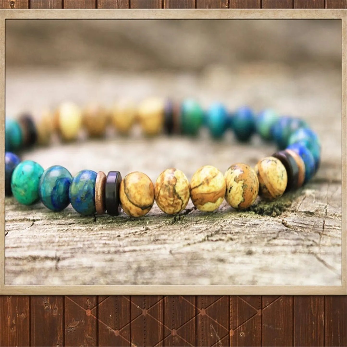 Natural Chrysocolla & Picture Jasper Beaded Bracelet For Men