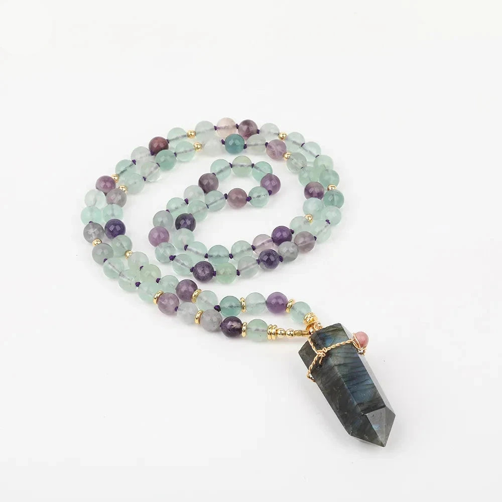 Natural Rainbow Fluorite & Labradorite Point Pendant Necklace
