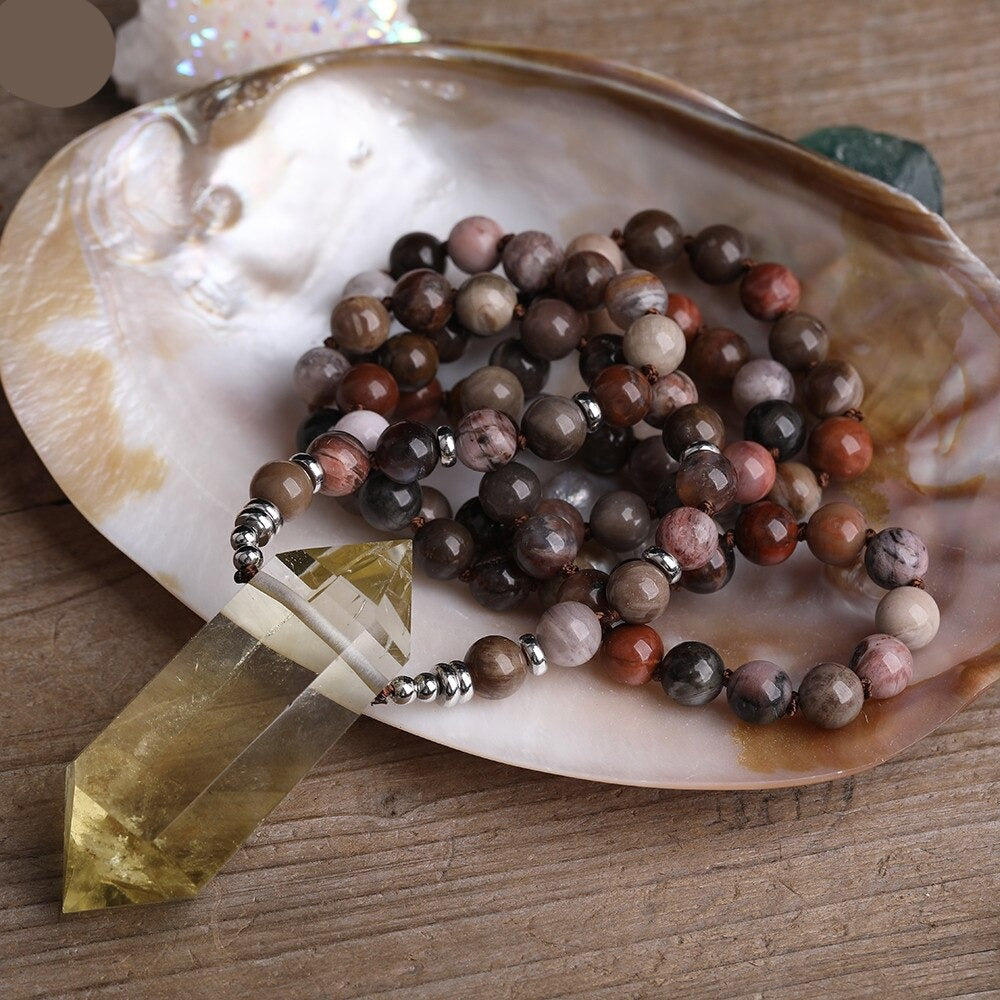 Natural Fossil Wood Jasper & Citrine Wand Pendant Necklace