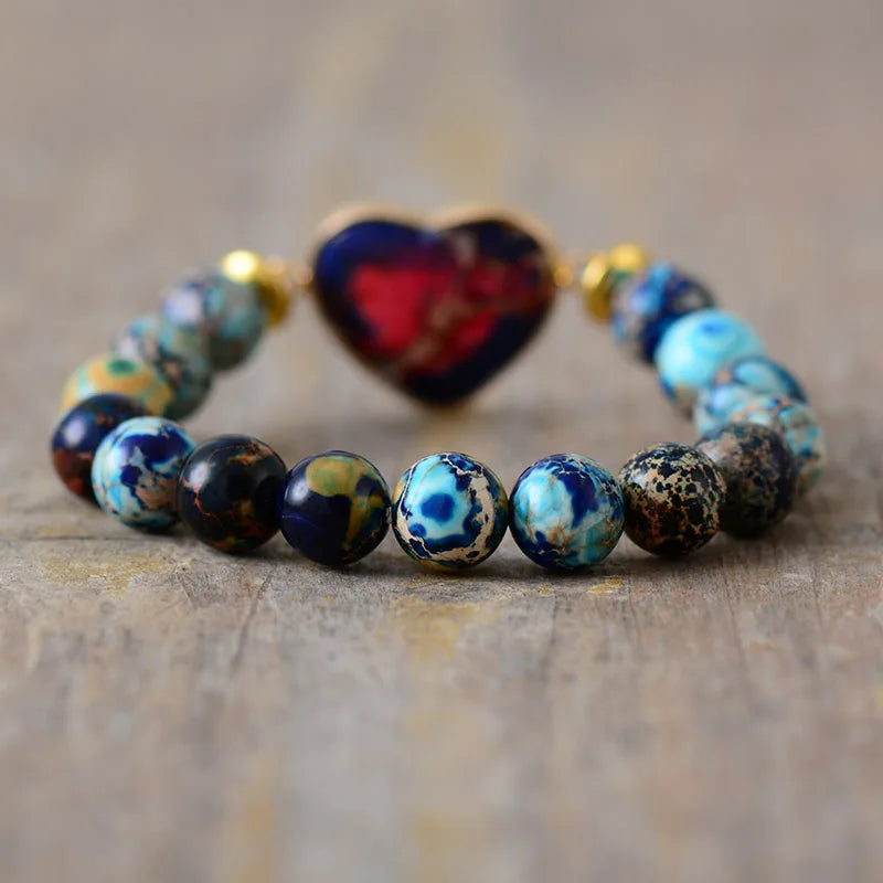 Natural Blue Sea Sediment Jasper Heart Beaded Bracelet