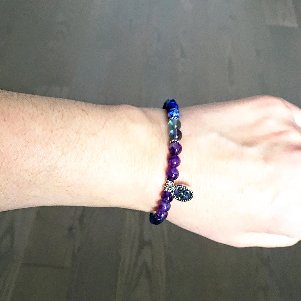 Natural Lapis Lazuli, Amethyst & Green Fluorite Om Bracelet