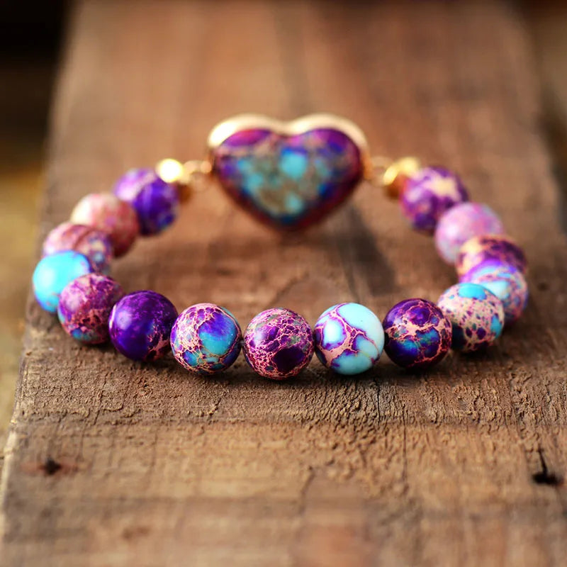 Natural Purple Sea Sediment Heart Beaded Bracelet