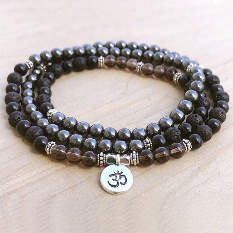Natural Hematite, Onyx, Lava Stone & Smokey Quartz 108 Beads Mala Necklace Wrap Bracelet