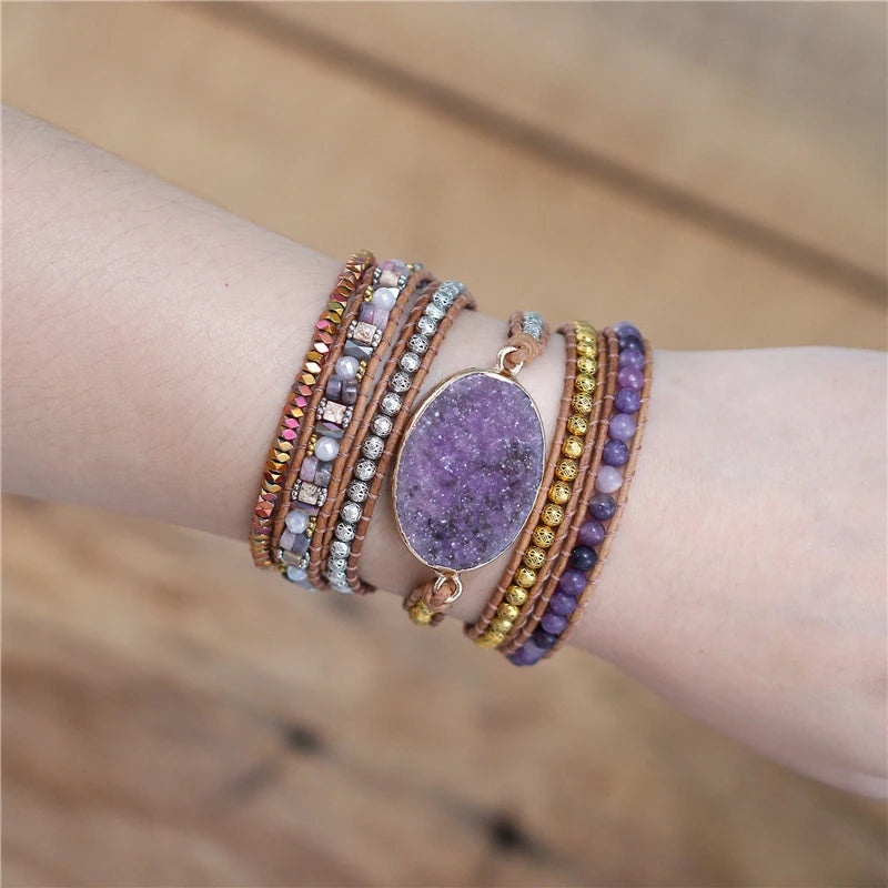 Natural Amethyst Druzy & Mixed Agate Stones Wrap Bracelet