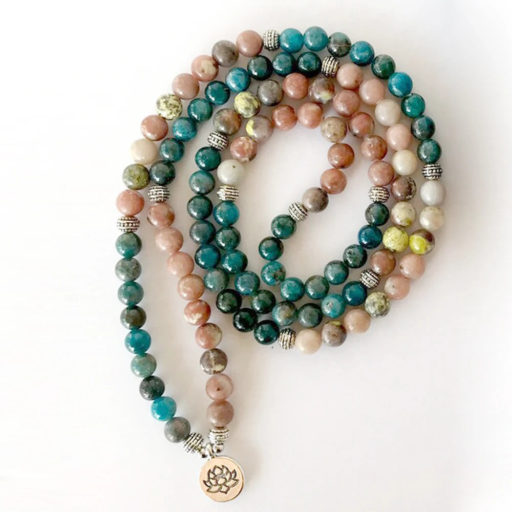 Natural Rhodonite & Apatite 108 beads Mala