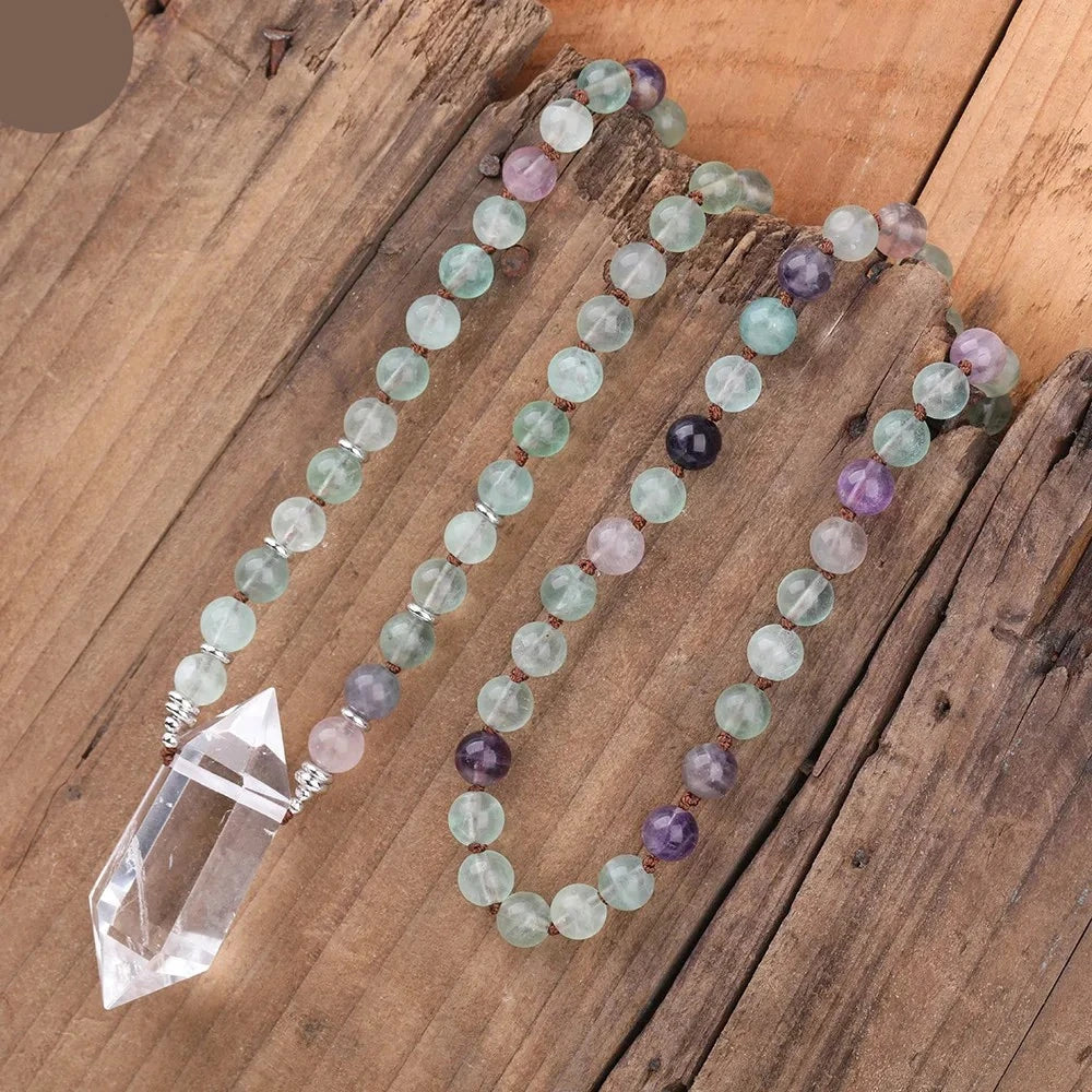 Natural Rainbow Fluorite & Clear Quartz Double Point Pendant Necklace