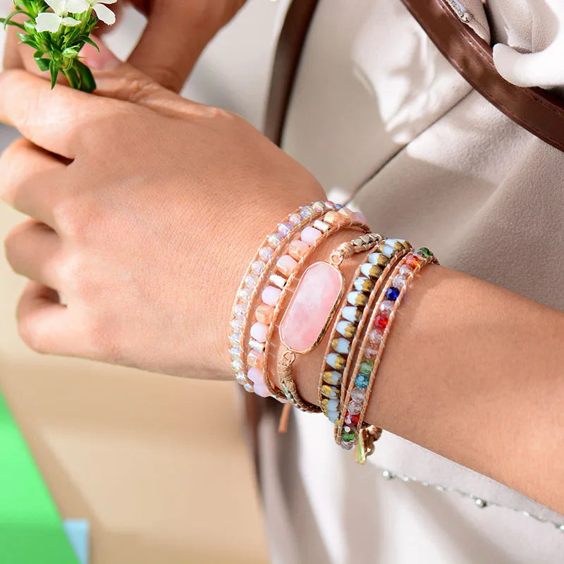 Natural Rose Quartz & Bling Crystals Wrap Bracelet