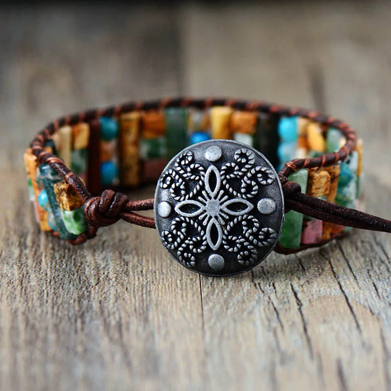 Natural Mixed Gemstones Leather Wrap Bracelet