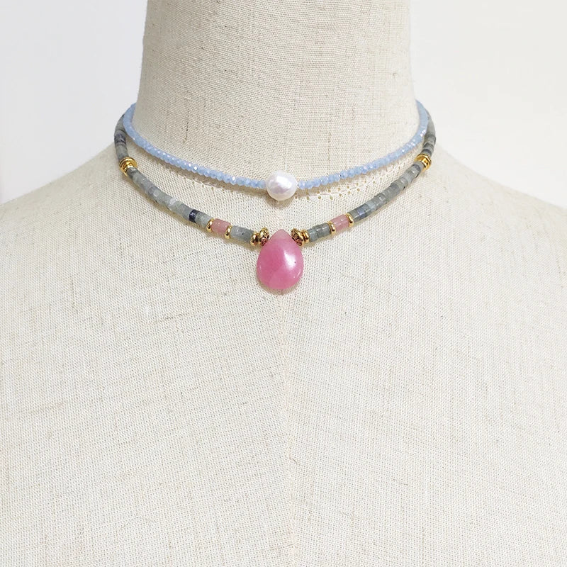 Natural Labradorite & Pink Agate Boho Choker Necklace