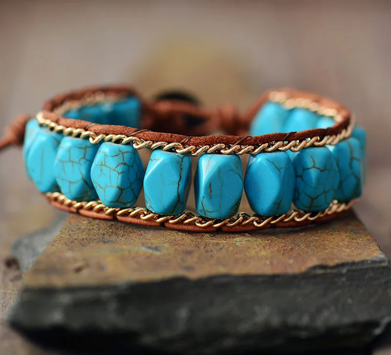 Natural Turquoise Bold Beads Leather Wrap Bracelet