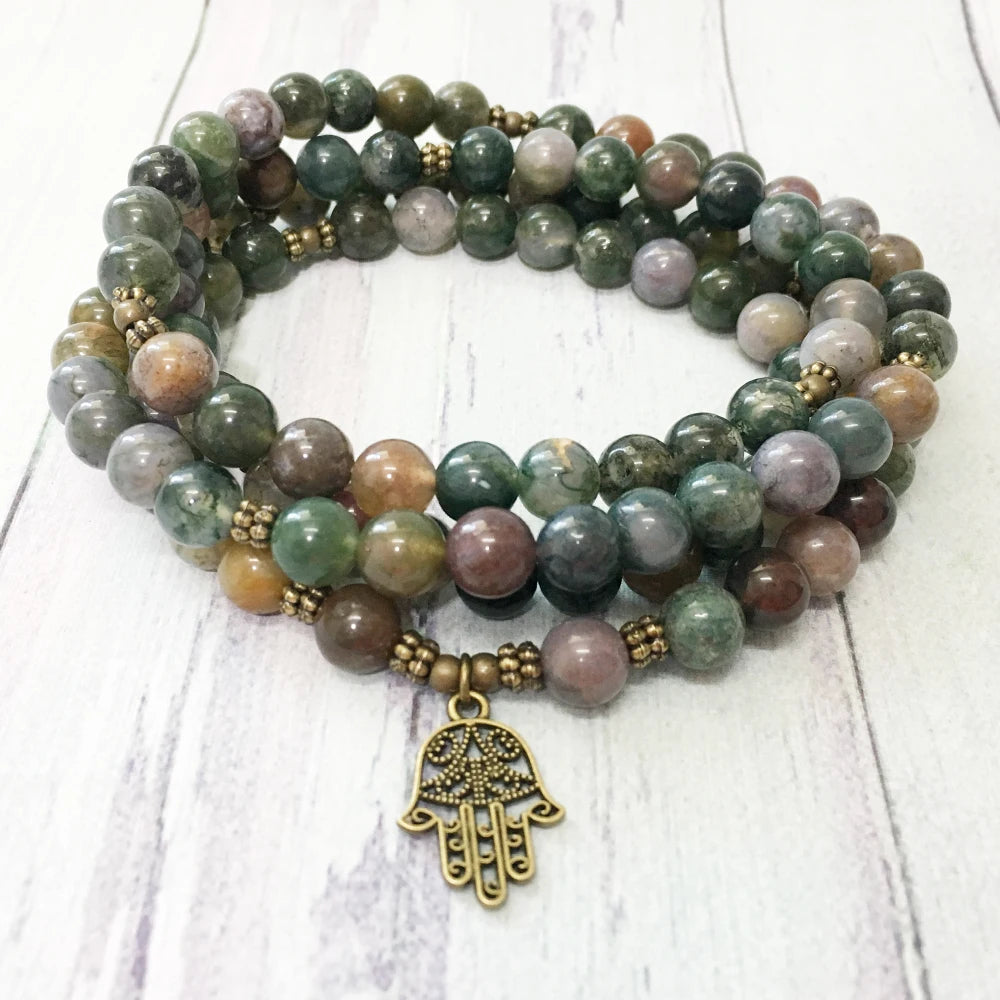 Natural Indian Agate 108 Beads Hamsa Mala