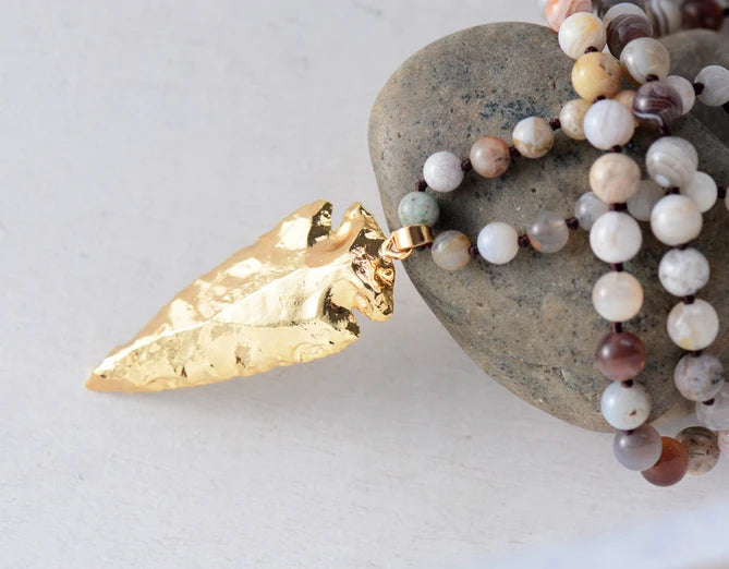 Natural Agate & Gold Plated Arrowhead Pendant Necklace