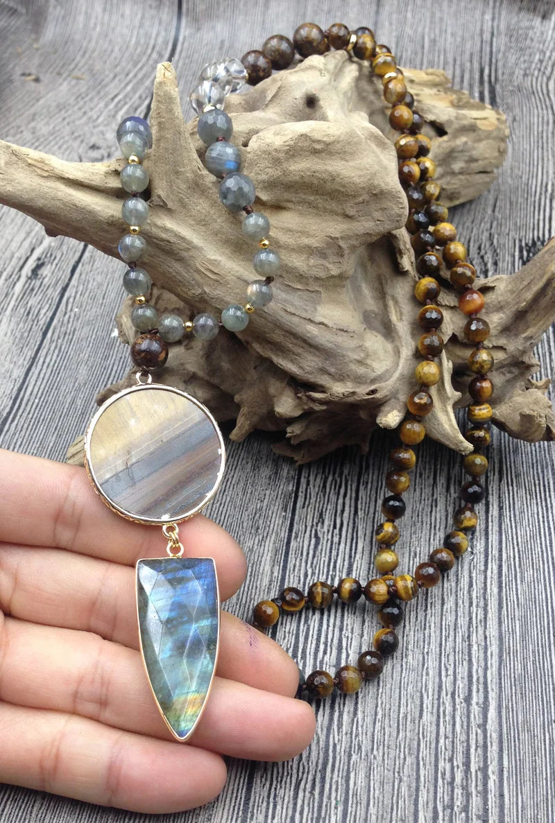 Natural Labradorite, Clear Quartz & Tiger’s Eye Boho Necklace