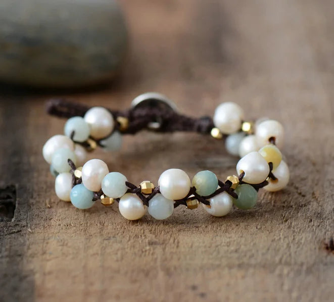 Natural Freshwater Pearls & Amazonite Wrap Bracelet