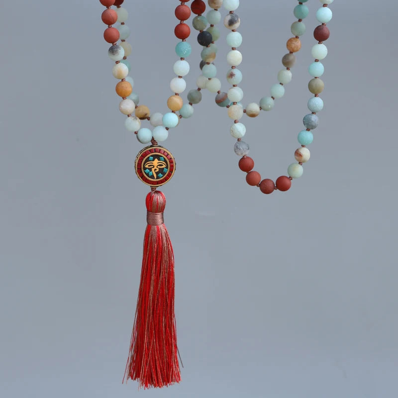 Natural Matte Amazonite & Red Jasper Nepalese 108 Beads Mala