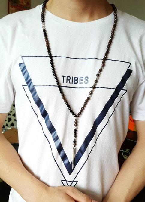 Natural Bronzite & Black Onyx Spike Pendant Necklace