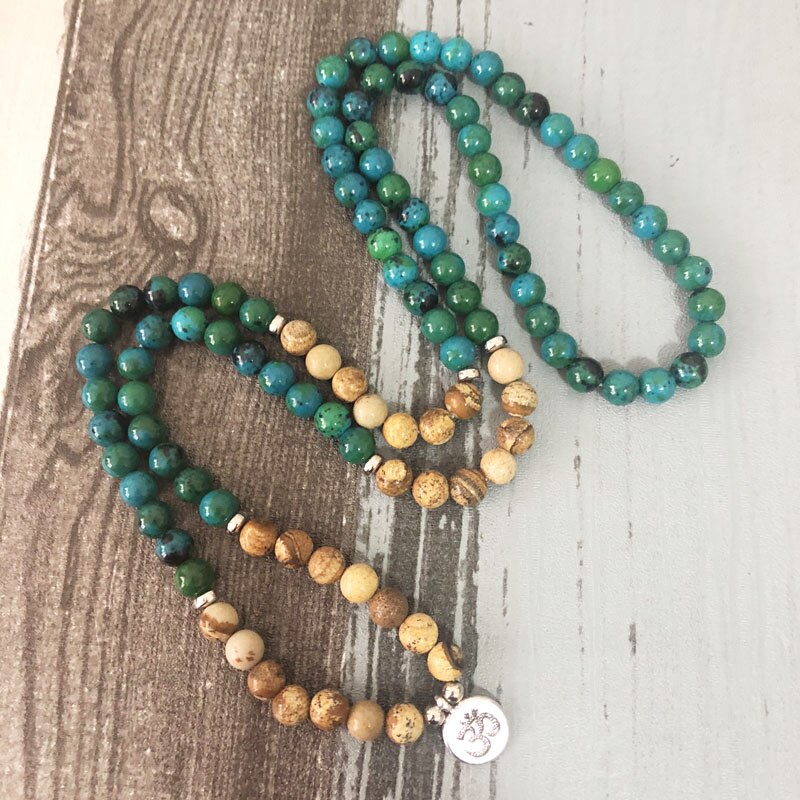 Natural Chrysocolla & Jasper 108 Beads Mala Necklace Wrap Bracelet