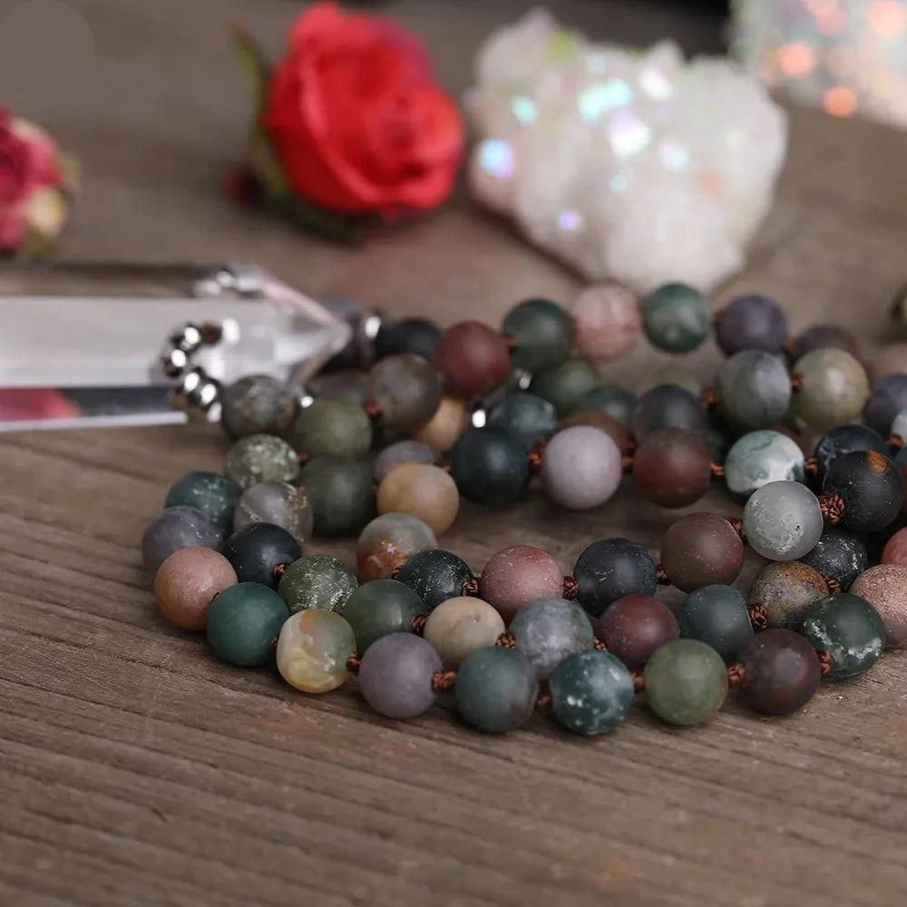 Natural Ocean Jasper & Clear Quartz Double Point Pendant Necklace