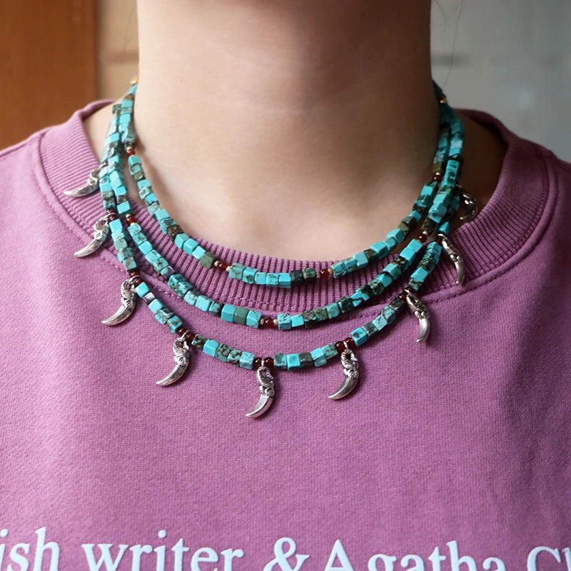 Natural Turquoise & Red Onyx Multi-Layered Choker Necklace