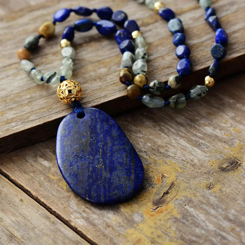 Natural Lapis Lazuli, Prehnite & Agate Bohemian Necklace