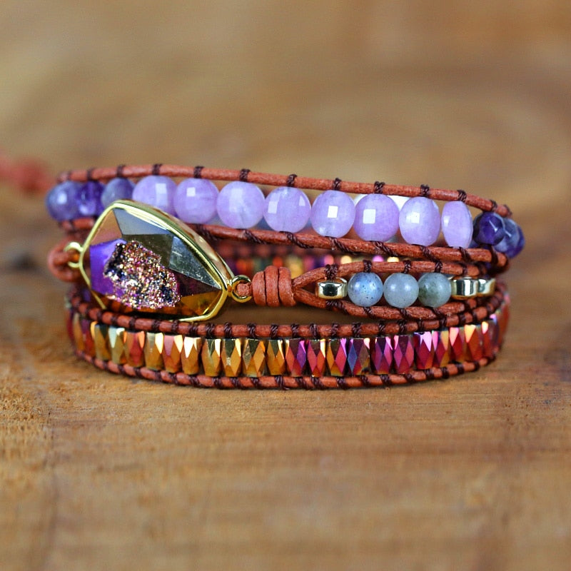 Natural Amethyst, Rose Quartz, Agate & Hematite Leather Wrap Bracelet