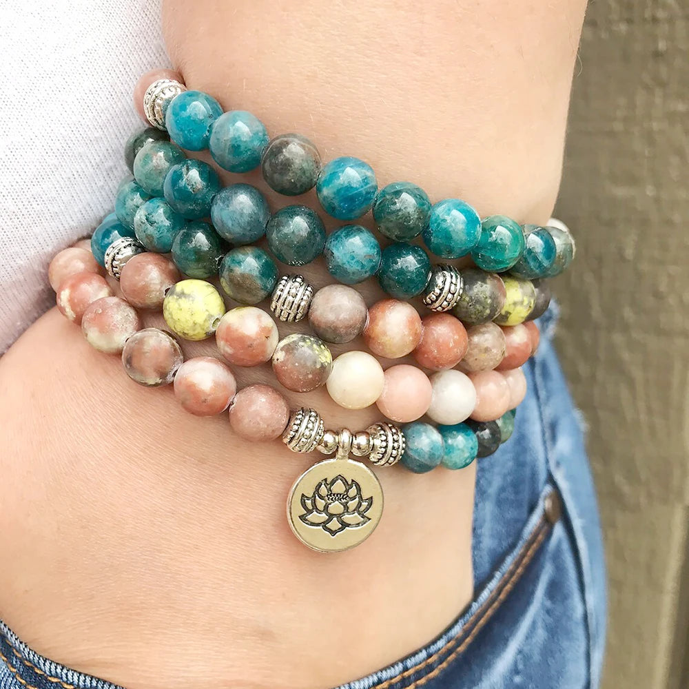 Natural Rhodonite & Apatite 108 beads Mala