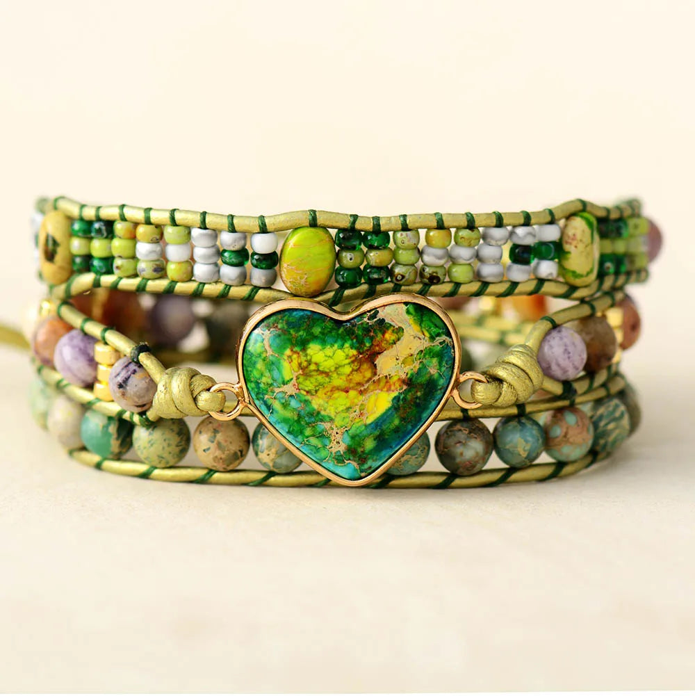 Natural Lime Jasper Heart Wrap Bracelet