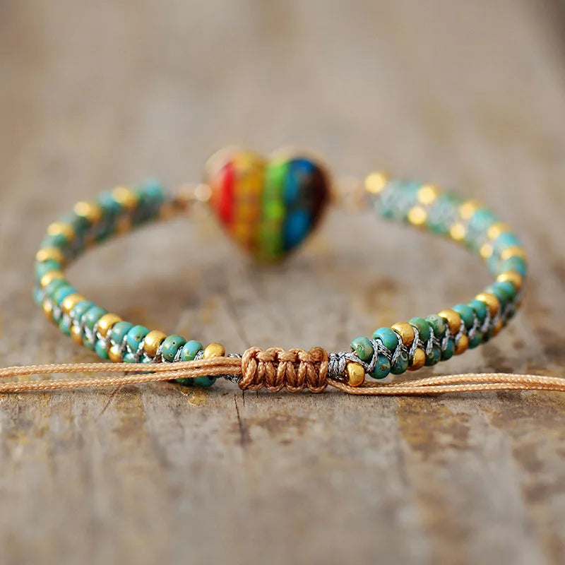 Natural Rainbow Jasper Heart Wrap Bracelet