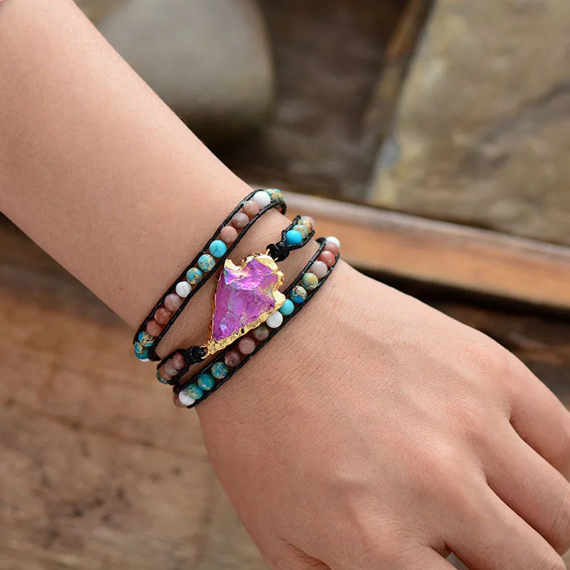 Natural Mixed Stones Arrowhead Vegan Wrap Bracelet