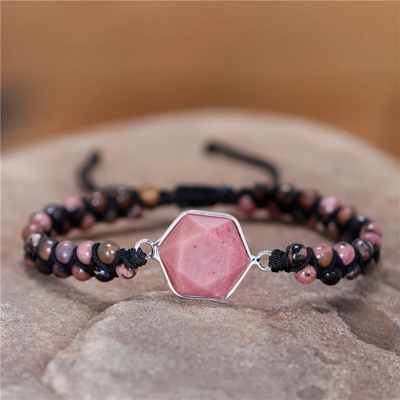 Natural Rhodonite Macrame Wrap Bracelet