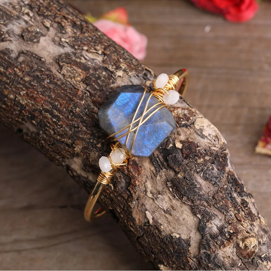 Natural Flash Labradorite Copper Wire Cuff Bracelet