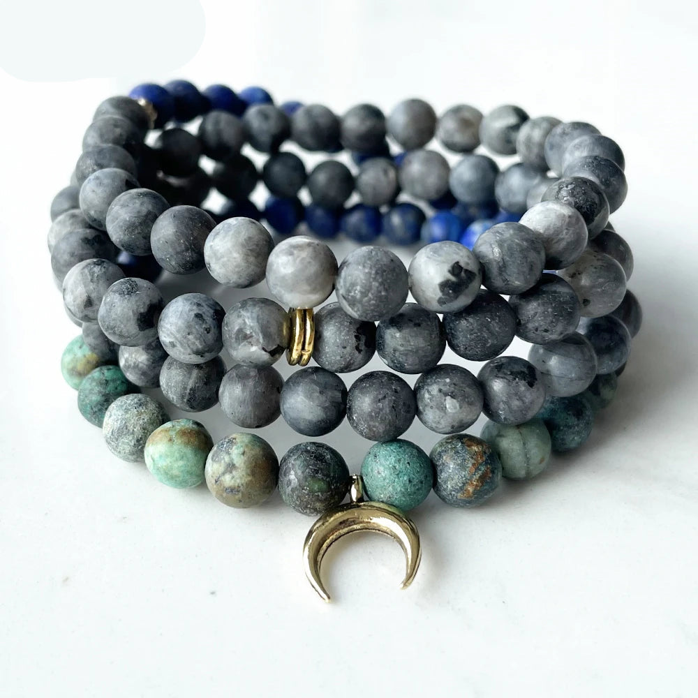 Natural Matte African Turquoise & Larvikite 108 Beads Moon Mala