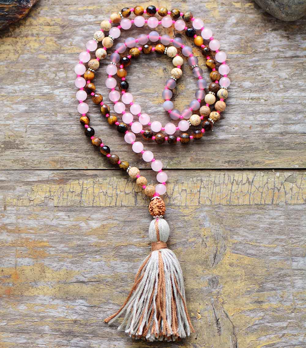 Natural Rose Quartz, Agate, Jasper & Tiger Eye 108 Beads Mala Necklace