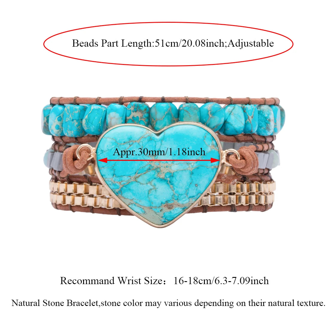 Natural Jasper Turquoise Heart Leather Wrap Bracelet
