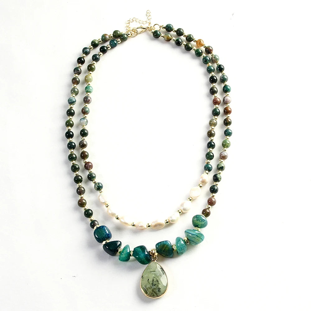 Natural Pearls, Indian Agate, Apatite & Prehnite Pendant Double Layer Necklace