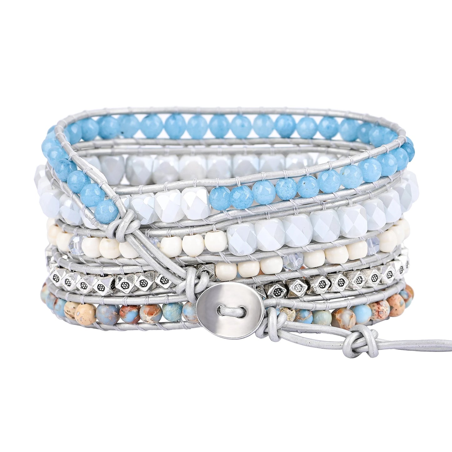 Natural Imperial Jasper, Malay Jade & Jade Vegan Leather Wrap Bracelet