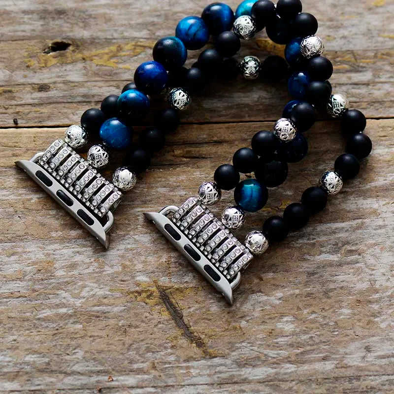 Natural Black Onyx & Blue Tiger Eye Smartwatch Band