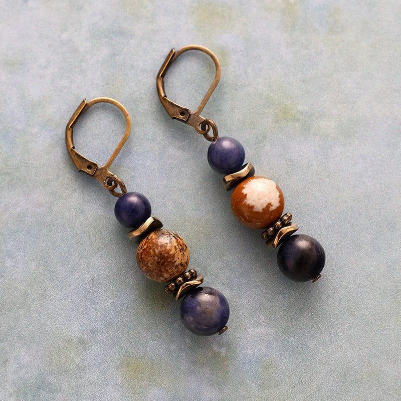 Natural Sodalite & Picture Jasper Ethnic Earrings