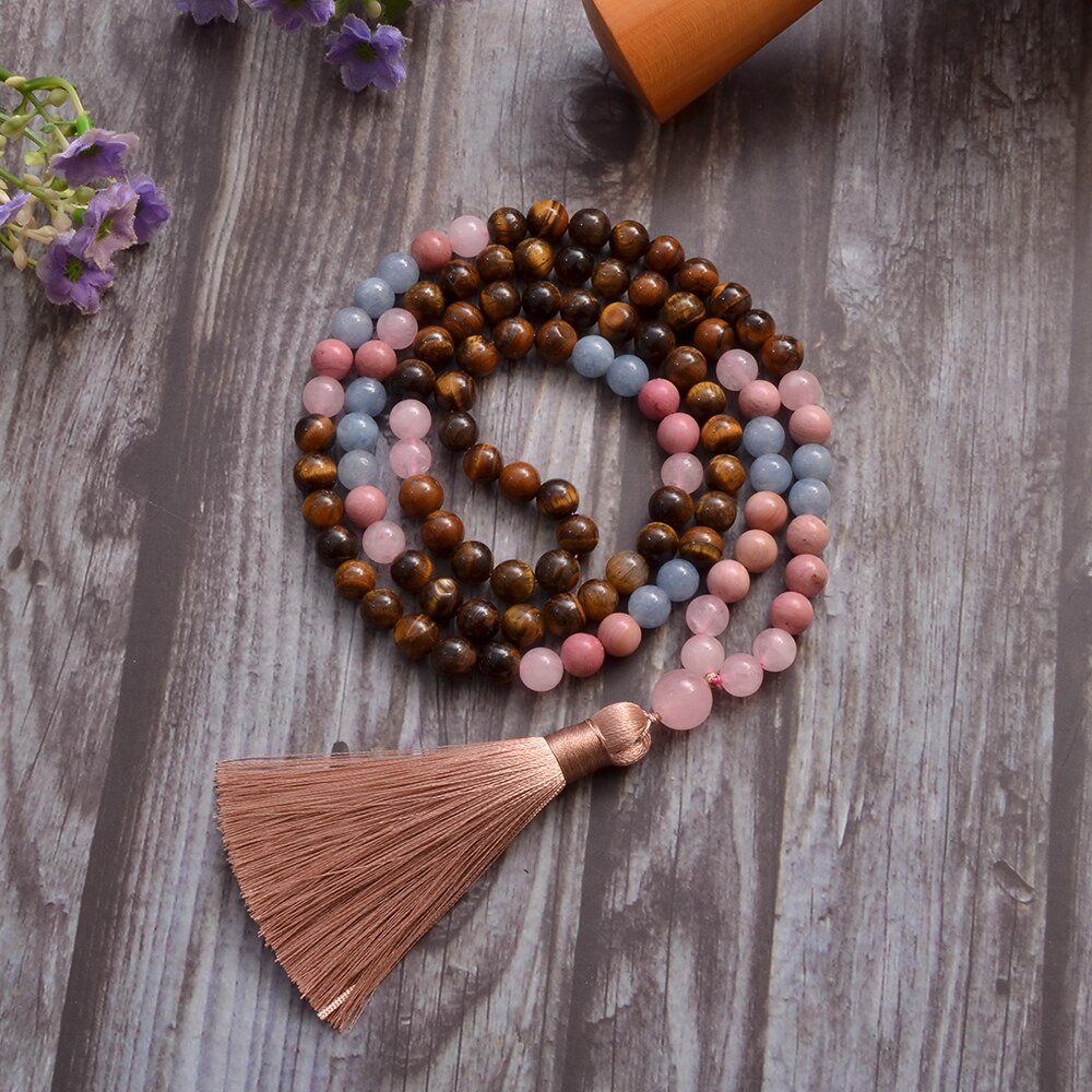Natural Tiger's Eye, Rose Quartz & Aquamarine 108 Beads Mala Necklace / Bracelet