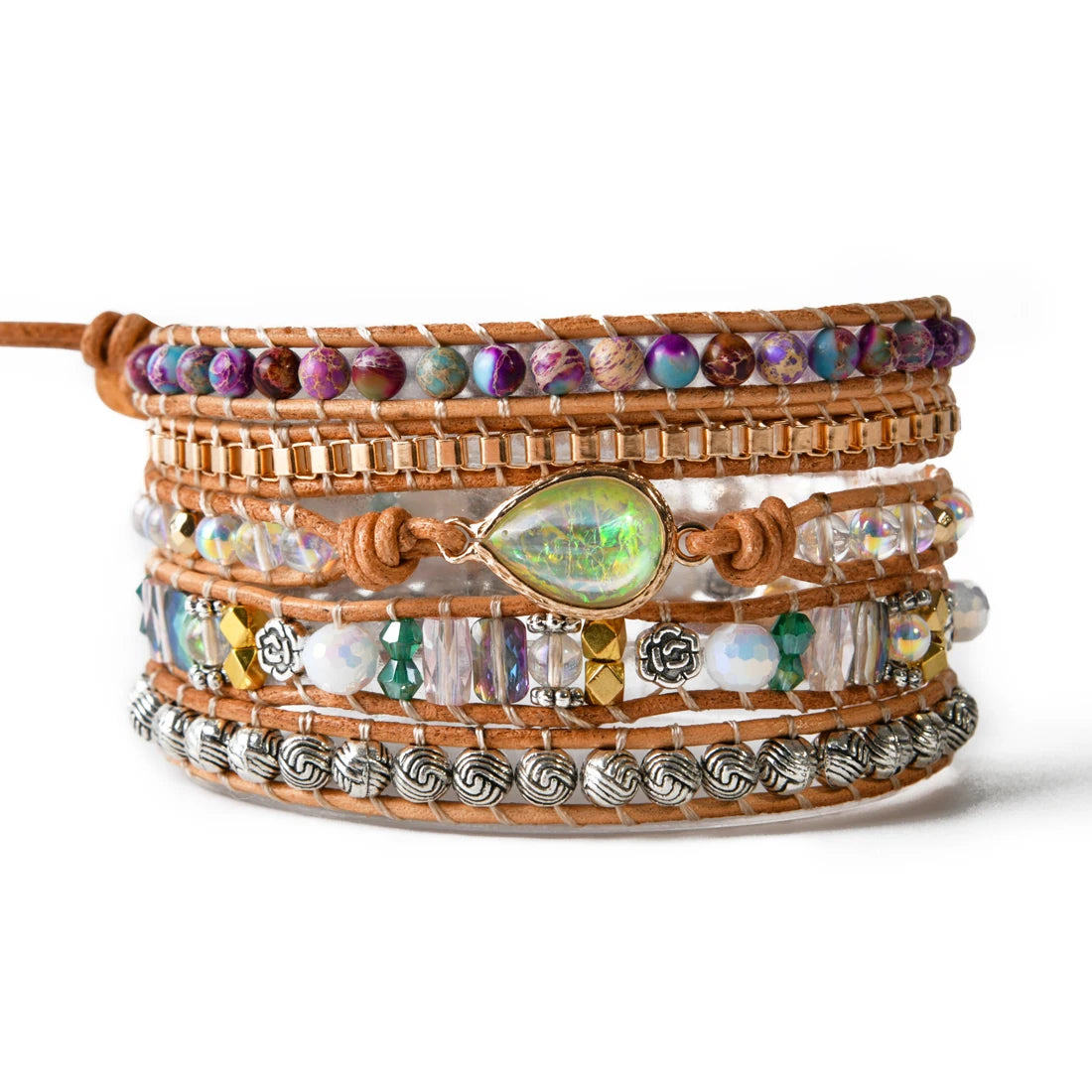 Natural Opal & Imperial Jasper Leather Wrap Bracelet