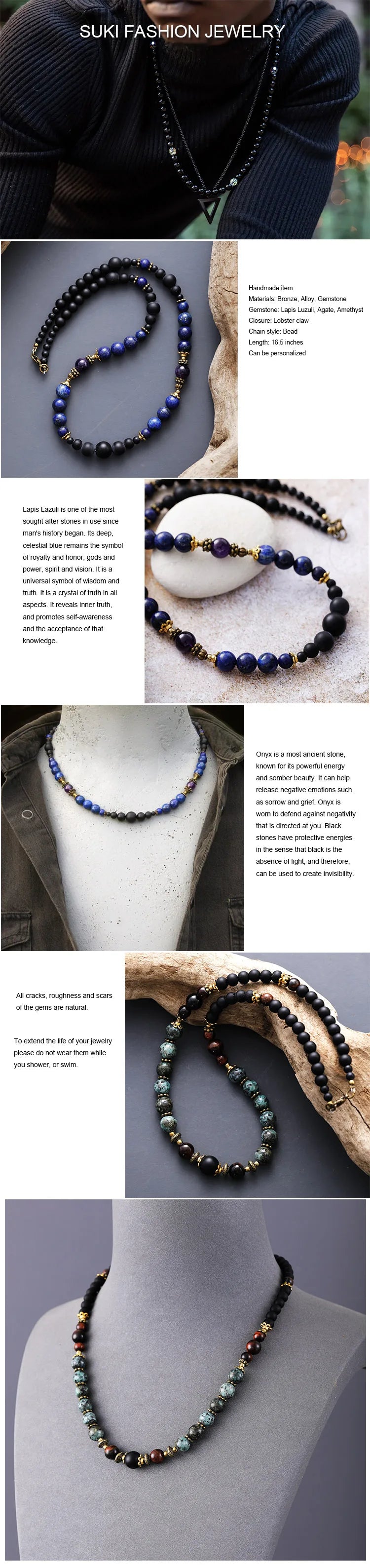 Natural Black Onyx, Lapis Lazuli & Amethyst Beaded Choker Necklace