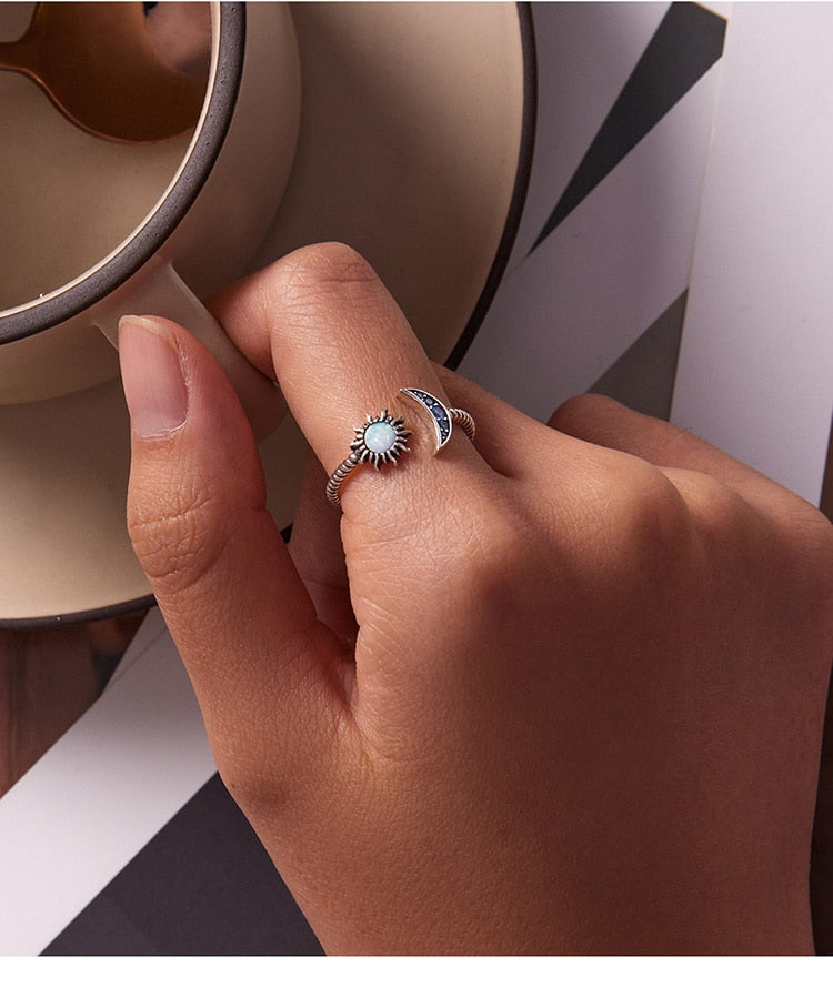 Natural Opal Sterling Silver Sun & Moon Ring
