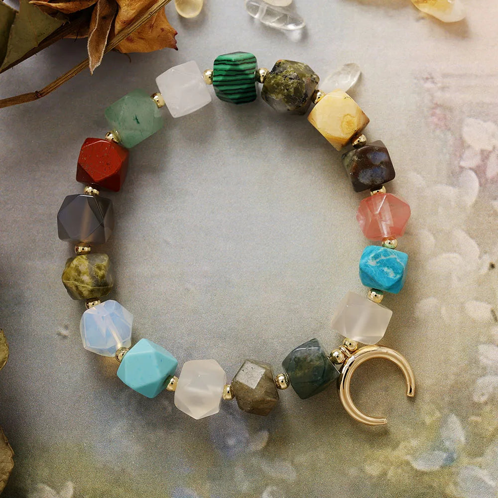 Multi-Gemstone Chakra Bracelet with Crescent Moon Charm