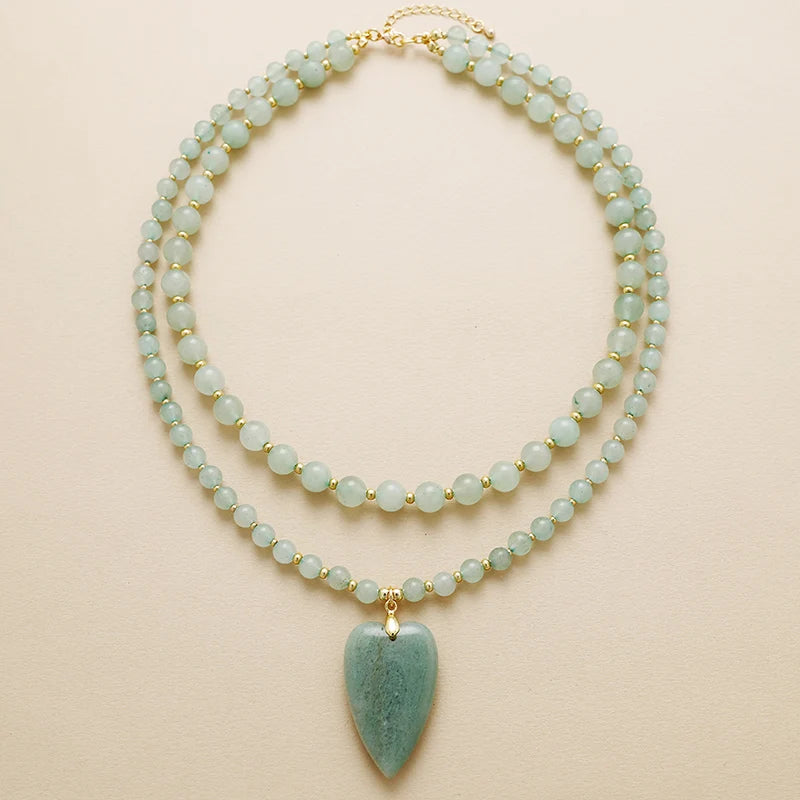 Natural Aventurine Heart Pendant Layered Necklace