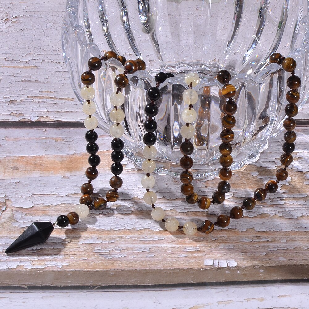 Natural Citrine, Tiger's Eye & Black Onyx 108 Beads Mala Necklace