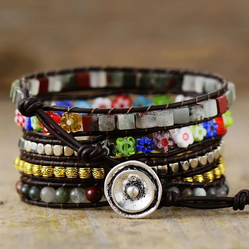 Natural Labradorite & Mixed Gemstones Heart Wrap Bracelet