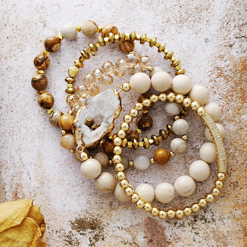 Natural Jasper Druzy & Rose Quartz Bracelet Set