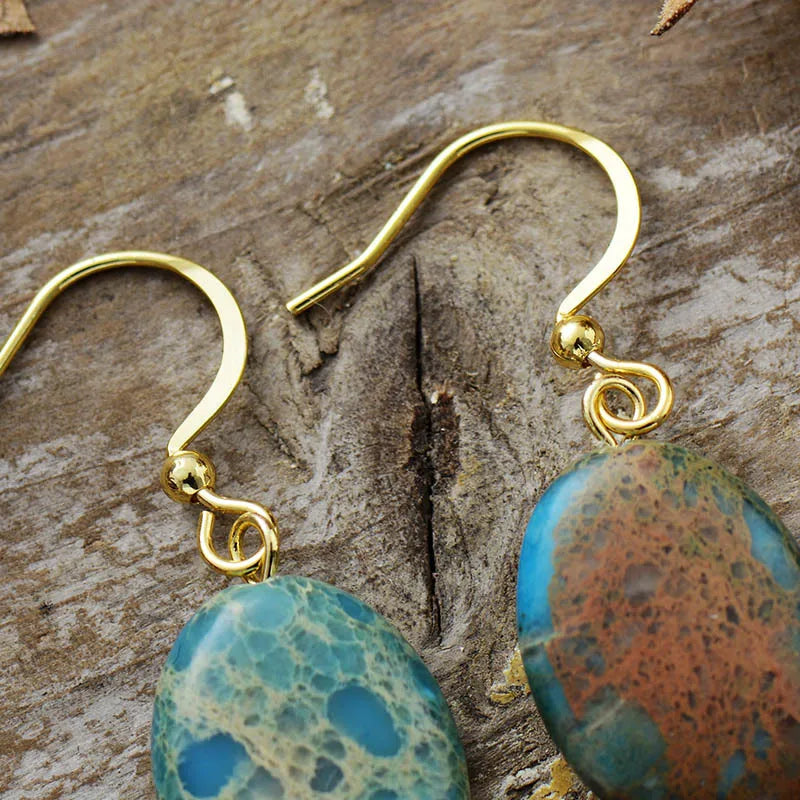 Natural Blue Imperial Jasper Gold Plated Leaf Earrings