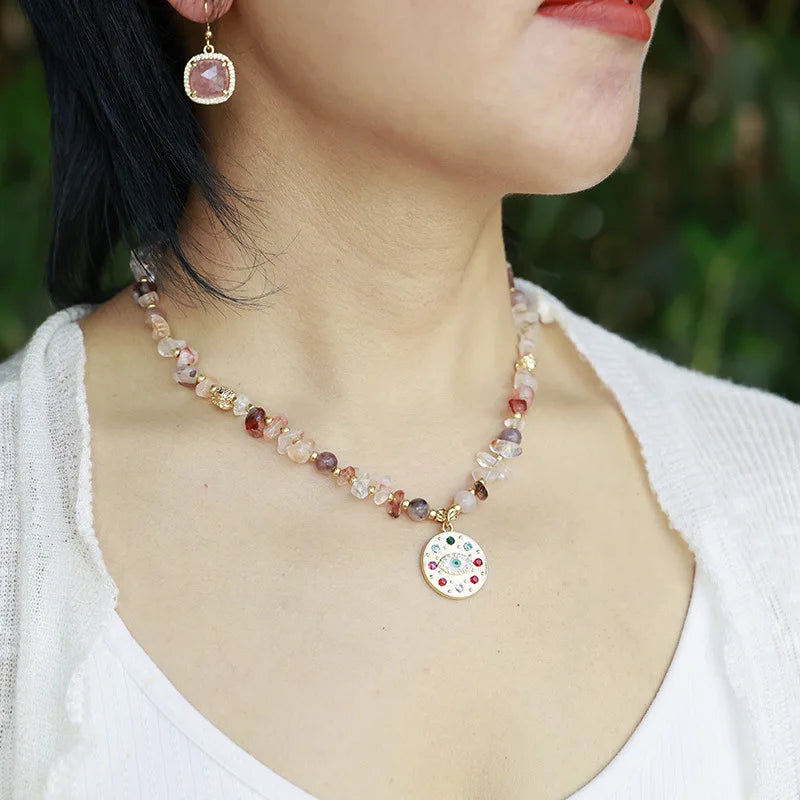 Natural Mixed Quartz & Agate Evil Eye Choker Necklace